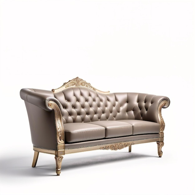un divano con rivestimento dorato e un rivestimento in pelle beige
