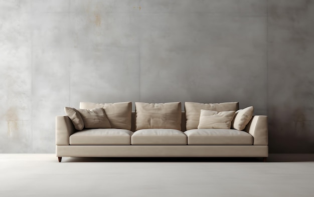 Un divano con sopra un cuscino e dietro un muro grigio.