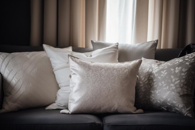 Un divano con sopra un mucchio di cuscini e dietro una finestra.