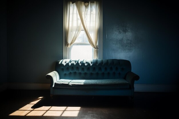 Un divano con un lancio blu su di esso si siede di fronte a una finestra