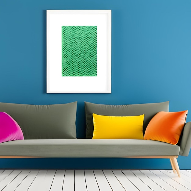 Un divano con un quadro verde e bianco sul muro