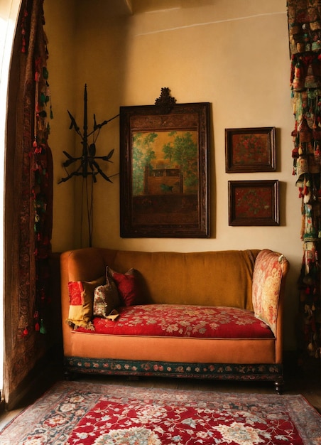 un divano con una stampa floreale rossa e bianca e un'immagine di un gatto sulla parete