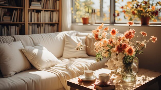 un divano con una tazza di caffè e una libreria sullo sfondo.