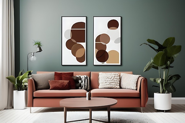 Un divano cremisi e un tavolino da caffè Piante in vaso Camera minimalista da parete a tema marrone