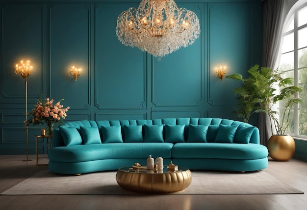 Un divano curvo gonfio in una stanza spaziosa con un lampadario davanti al divano e un vaso di fiori
