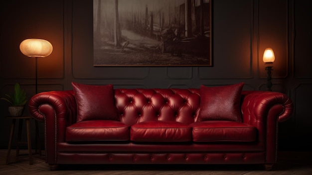 Un divano di pelle rossa in una stanza buia