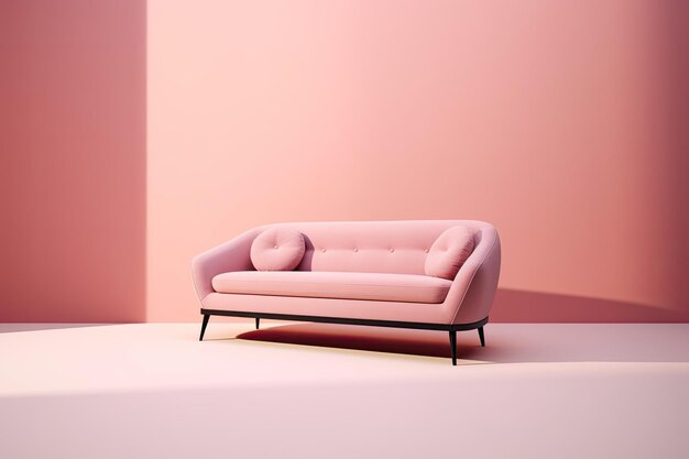 Un divano elegante e confortevole realizzato in tessuto rosa è presentato su uno sfondo rosa con un'ombra T