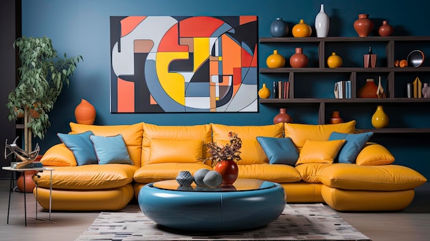 un divano giallo con un disegno blu e arancione sulla parete