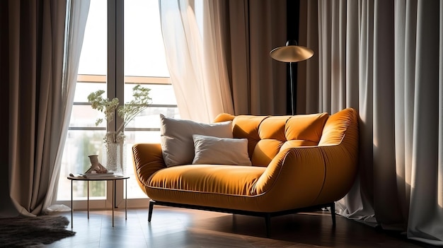 Un divano giallo in un soggiorno con una finestra alle spalle.