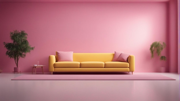 Un divano giallo iper realistico con sfondo rosa 8k