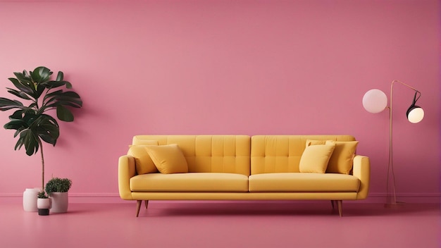 Un divano giallo iper realistico con sfondo rosa 8k