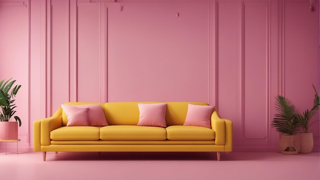 Un divano giallo iper realistico con sfondo rosa 8k