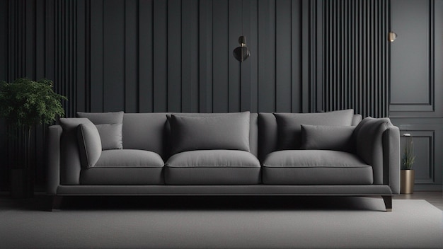 Un divano grigio iper realistico con sfondo nero 8k