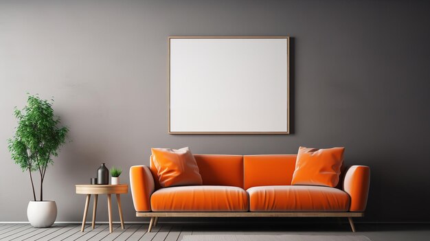 Un divano grigio scuro con un cuscino arancione e una cornice a parete bianca in uno spazio di copia di appartamento moderno AI generativa