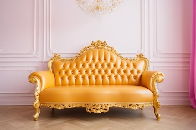 un divano in pelle gialla con un design oro e oro.