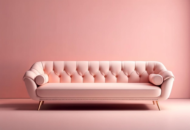 Un divano rosa con finiture dorate si trova in una stanza con un muro rosa.