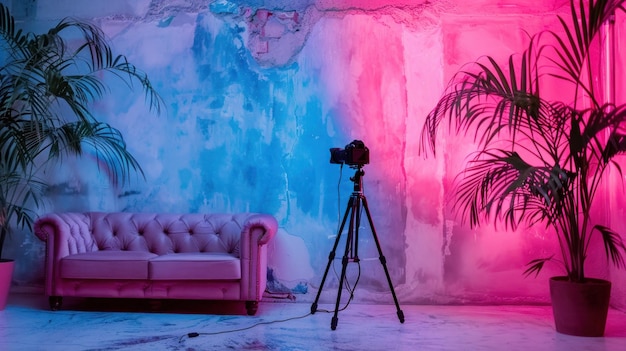 Un divano rosa è posto accanto a un muro rosa e blu in uno spazio interno moderno con cemento