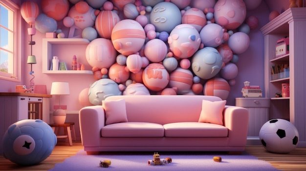 Un divano rosa in una stanza con una parete di palle colorate