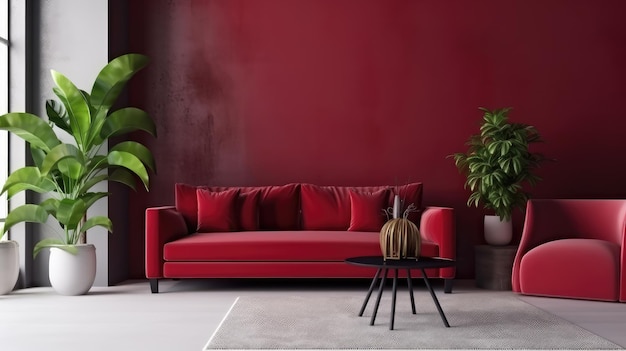 Un divano rosso in soggiorno con una pianta nell'angolo.
