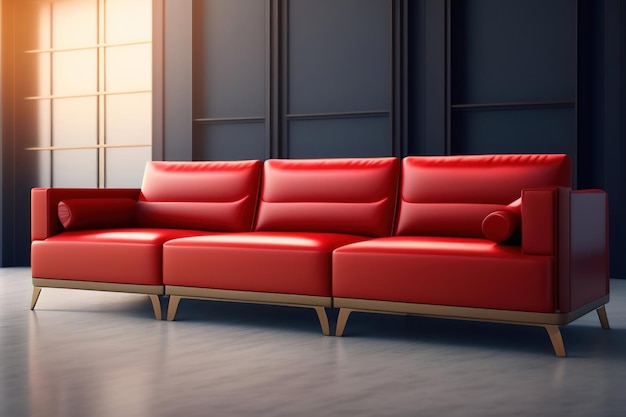 Un divano rosso in un soggiorno con una finestra dietro.