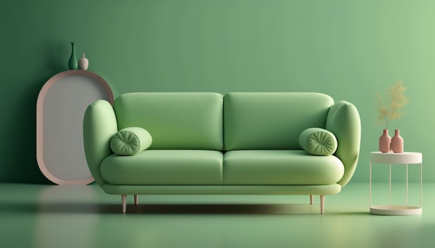 Un divano verde in una stanza con una lampada rotonda sul muro.