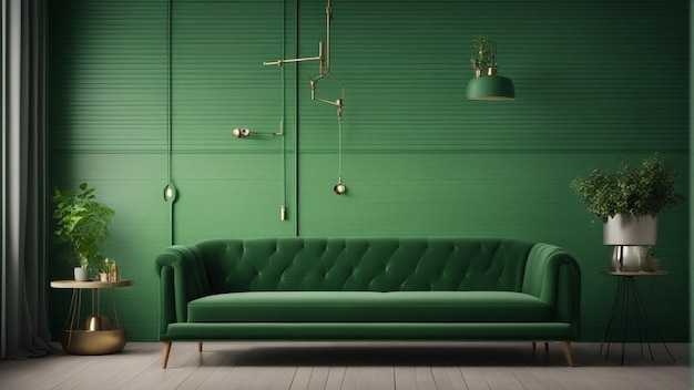 Un divano verde iper realistico con uno sfondo verde chiaro sulla parete 8k