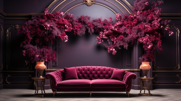 un divano viola con fiori appesi al soffitto