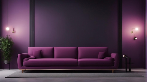 Un divano viola iper realistico con sfondo nero 8k