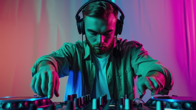 Un DJ concentrato che indossa le cuffie mescola abilmente la musica creando un'atmosfera vibrante