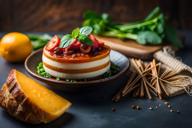 un dolce con contorno di frutta e verdura