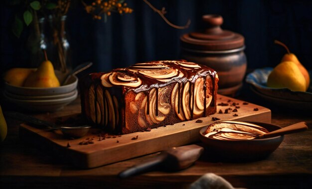 Un dolce con torta a fette e alcune pere su un pezzo di legno