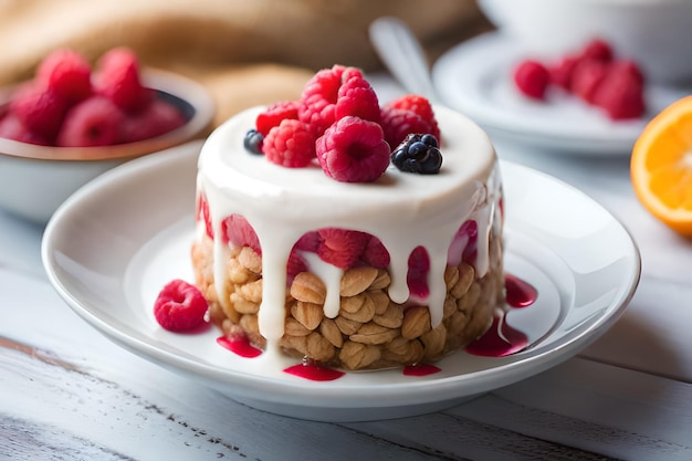 un dolce con un dolce ai frutti di bosco e una tazza di caffè.