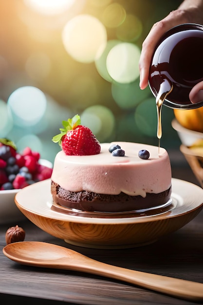 Un dolce con una mousse al cioccolato e sopra una fragola