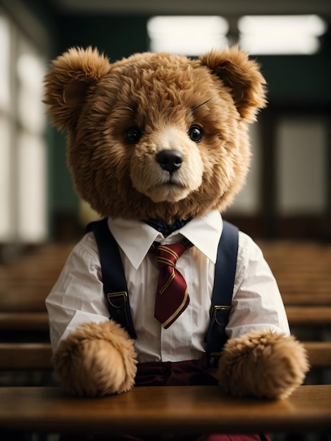 Un dolce orsacchiotto in un'uniforme scolastica ordinata con un sorriso gentile sul viso