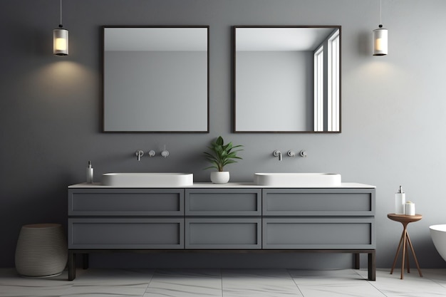 Un doppio lavandino da bagno in piedi su un bancone grigio in una stanza con pareti grigie e un grande specchio orizzontale 3