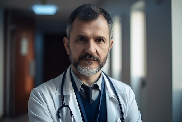 Un dottore con barba e baffi si trova in un corridoio con una finestra sullo sfondo.