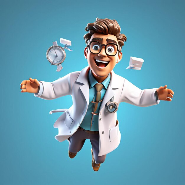 un dottore con gli occhiali e un cappotto bianco di laboratorio sta saltando su alcuni documenti