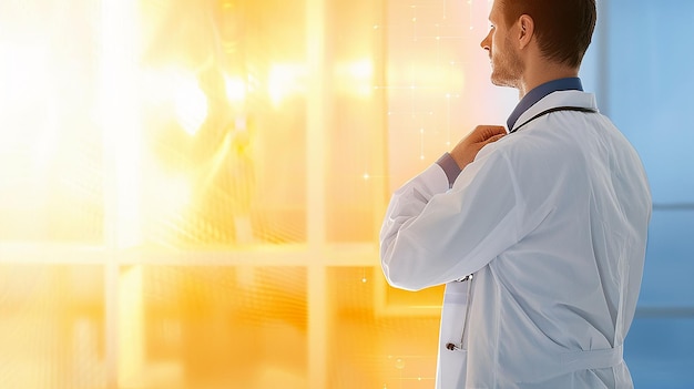 un dottore in abito da laboratorio è in piedi davanti a un muro di vetro