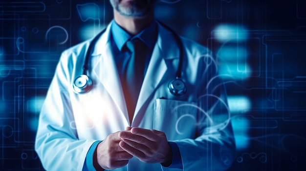 Un dottore in camice bianco si trova davanti a uno schermo con sopra la scritta "doctor's".