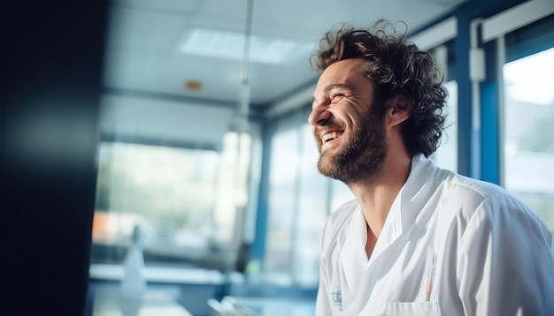 Un dottore sorridente con un cappotto bianco è in piedi in una stanza con una finestra