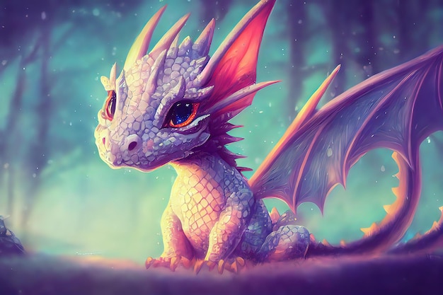 Un drago bambino Kawaii carino animazione di rendering 3D luminoso e colorato Adorabile drago bambino con grandi occhi e scale realistiche nel suo habitat naturale pittura illustrazione stile arte digitale