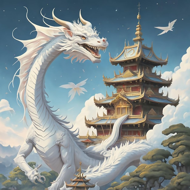 Un drago bianco rosso con l'elemento aria con un tempio