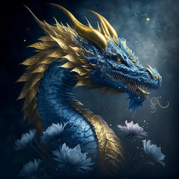 Un drago blu con i capelli d'oro e la testa d'oro.