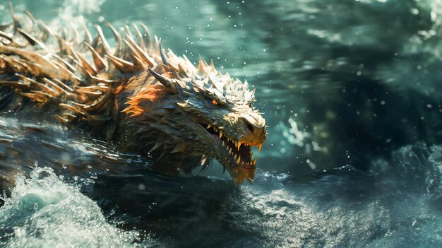 Un drago che nuota nell'acqua drago color acqua