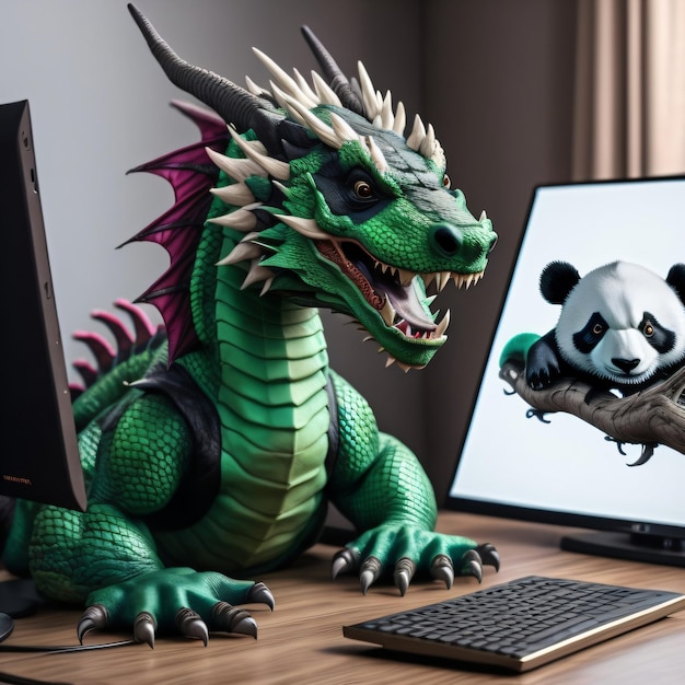 Un drago che videochiama un panda