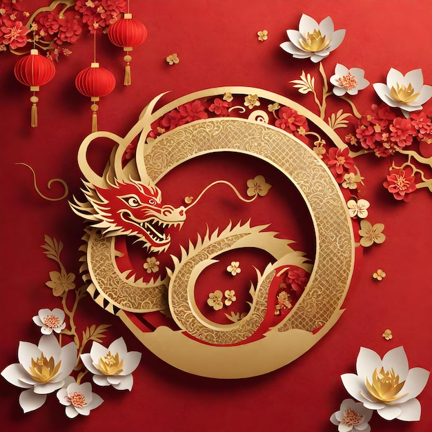 un drago cinese con uno sfondo rosso con simboli cinesi su di esso