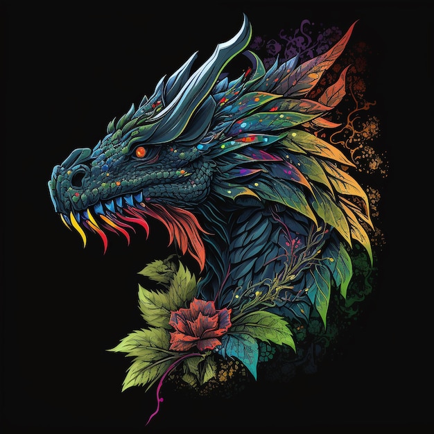 Un drago colorato con una testa fiorita su sfondo nero.
