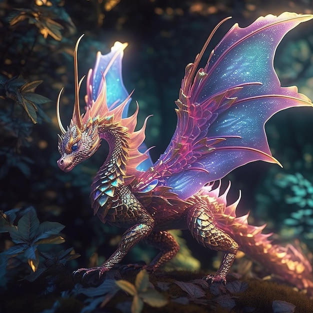 Un drago con ali viola e oro e un drago blu e viola con una grande coda.