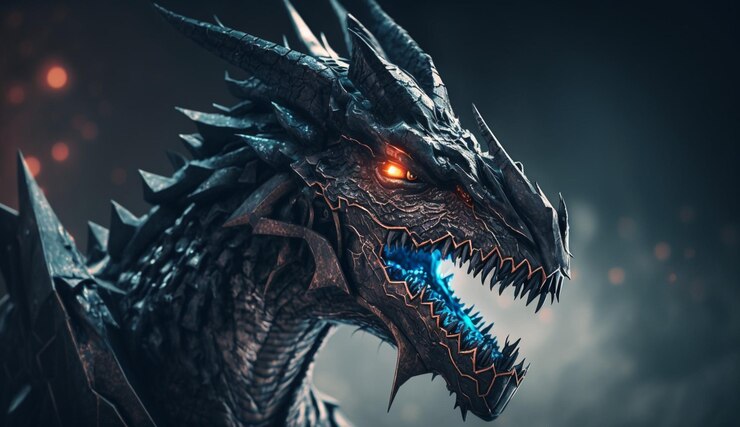 Foto un drago con gli occhi azzurri e l'occhio luminoso