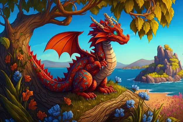Un drago con gli occhi azzurri siede su un tronco d'albero.